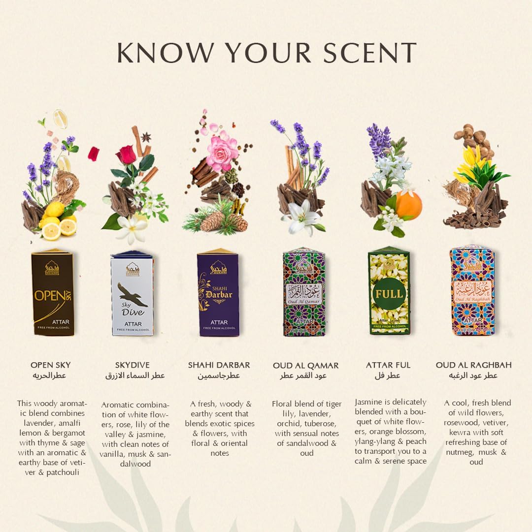 Dukhni Mixed Attar Oil Set | Authentic Arabic Fragrance Oils| Long- lasting Halal Scents for Ramadan & Eid Gifts | Open Sky, Attar Ful, SkyDive, Shahi Darbar, Oud Al Qamar, Oud Al Raghbah - 6ml each