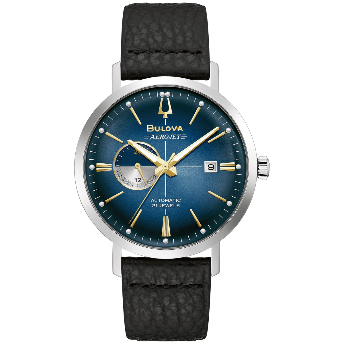 Bulova Men's Vintage Aerojet 4-Hand Automatic Watch, Open Aperture, Hack Feature, 24 Hour Time, Calendar Date, Double Curved Mineral Crystal, Luminous Hands, 41mm - Black Strap/Blue Dial