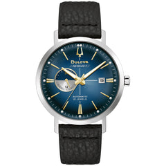Bulova Men's Vintage Aerojet 4-Hand Automatic Watch, Open Aperture, Hack Feature, 24 Hour Time, Calendar Date, Double Curved Mineral Crystal, Luminous Hands, 41mm - Black Strap/Blue Dial