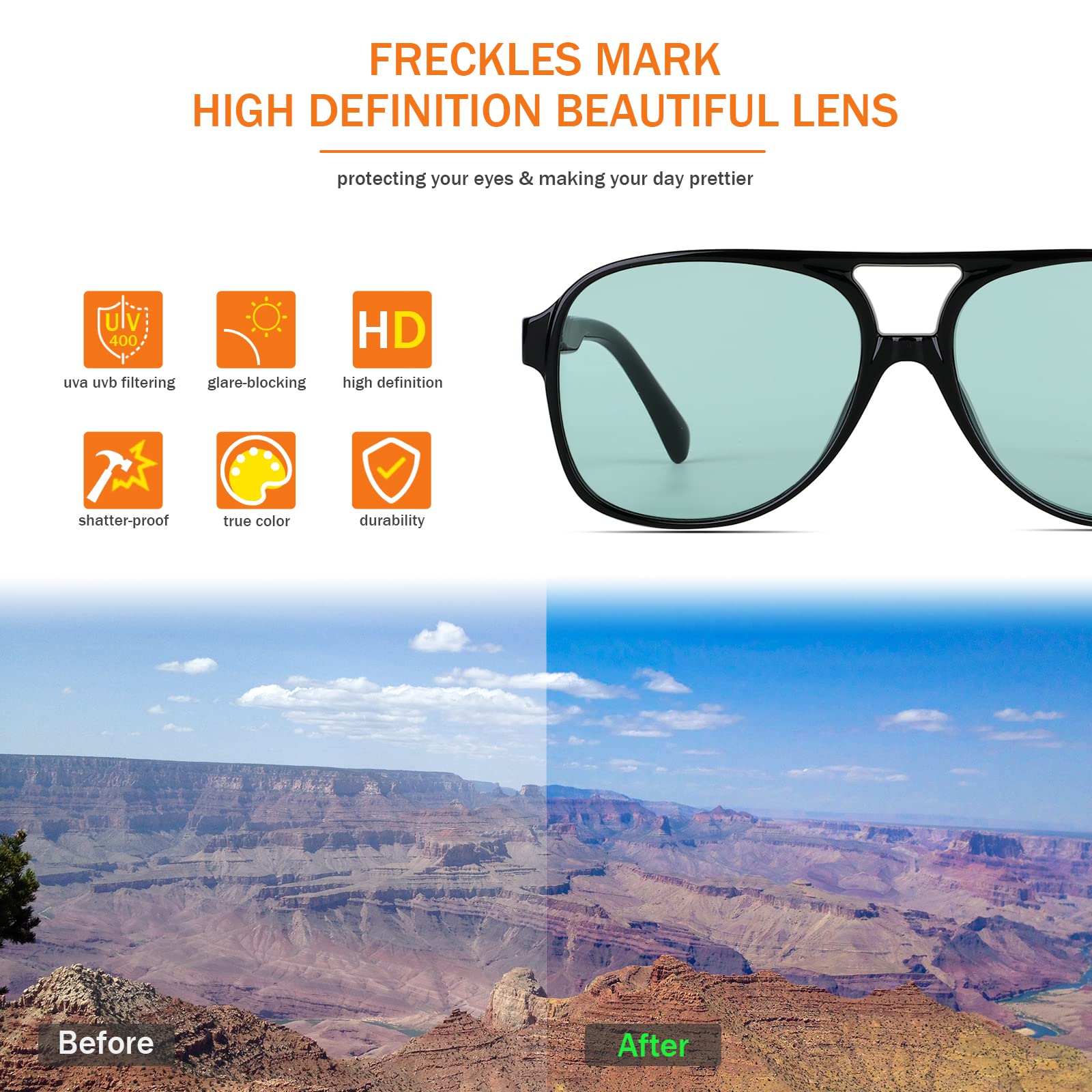 Freckles Mark Vintage Retro 70s Sunglasses for Women Men Classic Large Squared Aviator Frame UV400 Trendy Orange Glasses