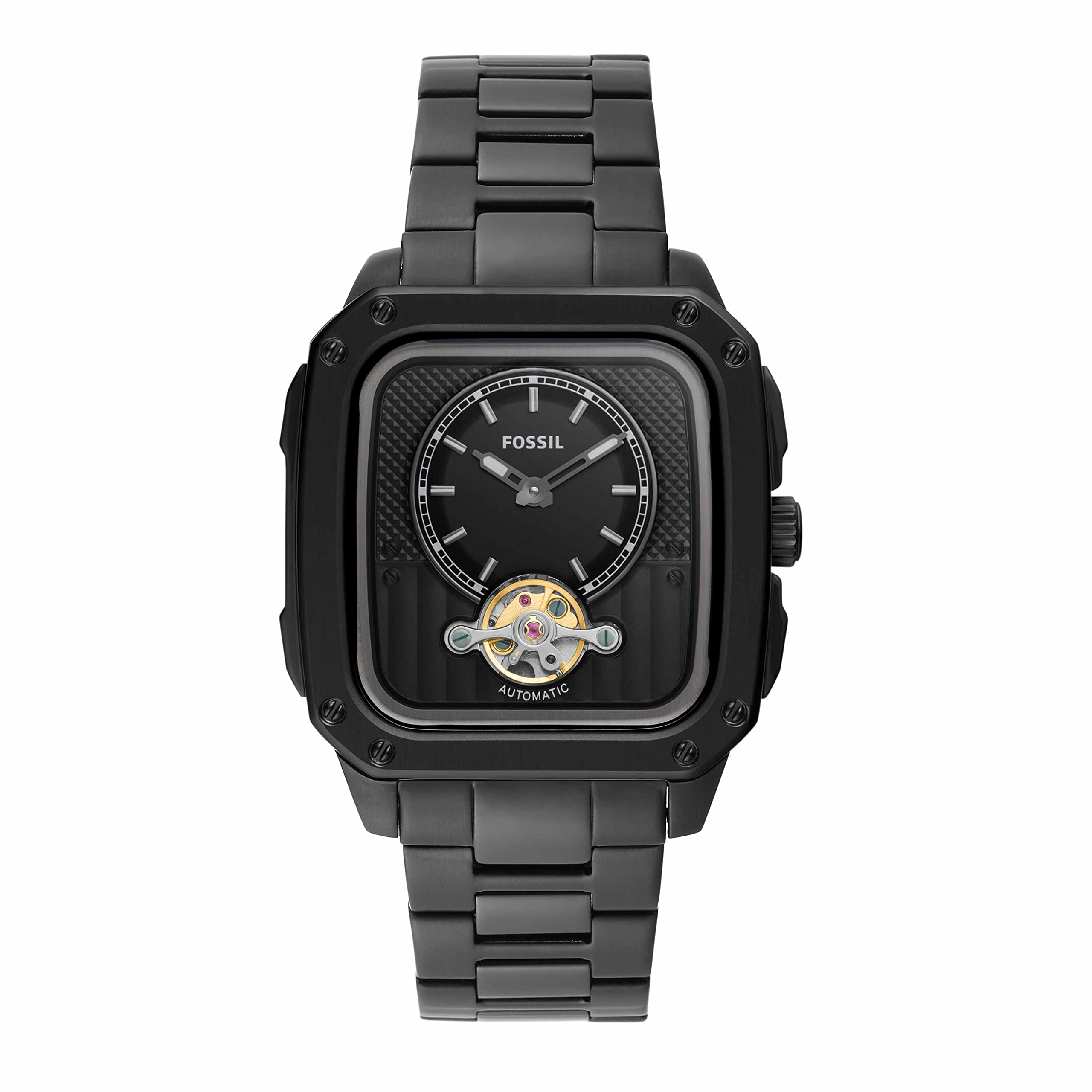 Fossil Inscription Men's Watch with Square Case and Stainless Steel, Silicone or Leather Band Black Auto