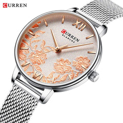 CURREN 9065 Elegant Exquisite Casual Business Quartz Women Watch Sakura Flower Embossed Simple Wrist Watch 3ATM Waterproof Wristwatch for Ladies with Metal Mesh Strap Band