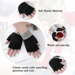 Fingerless Gloves for Women Warm - Winter Thermal Gloves Knitted Soft Half Fingers Mittens for Cold Weather Typing Working Driving - Black/Gray