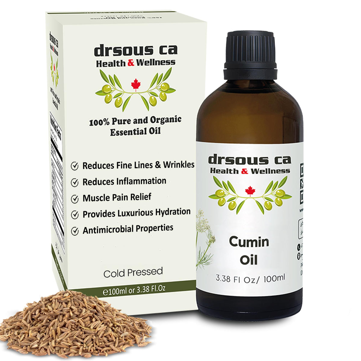 Drsous Ca Organic Cumin Oil 100ml | 100% Pure Cold Pressed Therapeutic Grade Essential Oil for Hair Growth, Muscle and Joint Relief | Made in Palestine