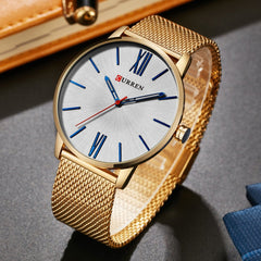 Men's Quartz Watch Simple Ultra-Thin Wristwatch Stainless Steel Strap 3ATM Waterproof Big Dial Analog Wrist Watch - gold-white
