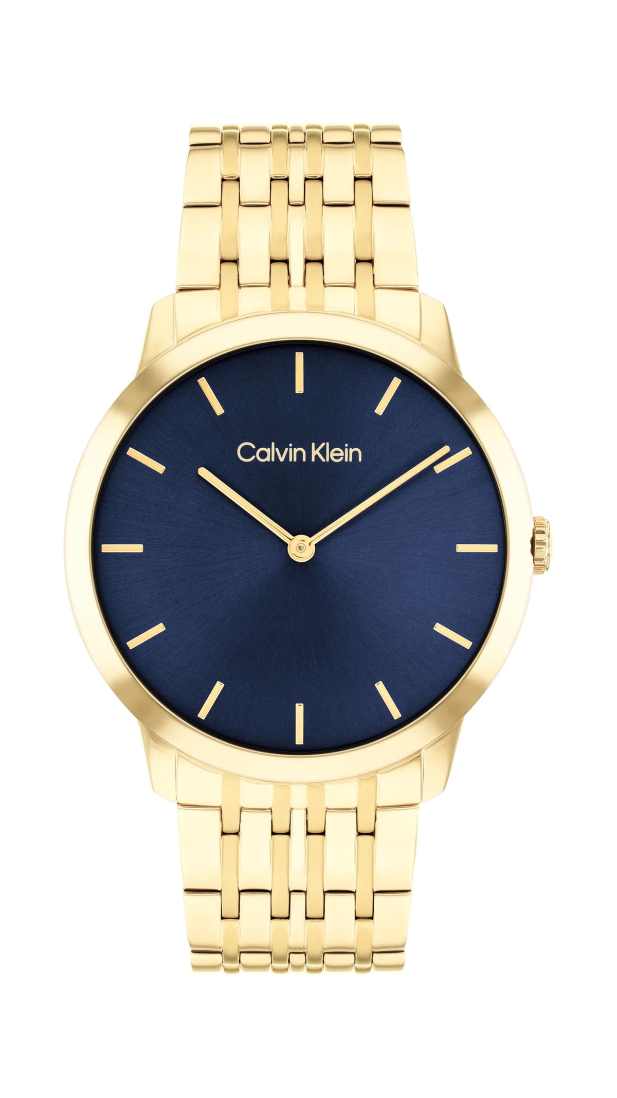 CALVIN KLEIN UNISEX'S BLUE DIAL IONIC PLATED THIN GOLD STEEL BRACELET WATCH - 25300007