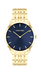 CALVIN KLEIN UNISEX'S BLUE DIAL IONIC PLATED THIN GOLD STEEL BRACELET WATCH - 25300007
