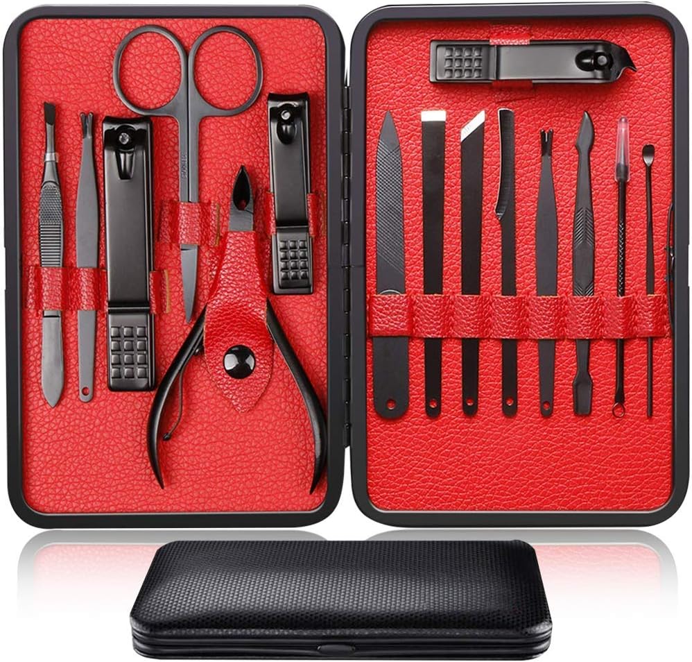 ORiTi Manicure Kit Nail Clippers Set Stainless Steel Professional Pedicure Black 15 Pieces Grooming Scissors Cutter Ear Pick Tweezers Scissors Eyebrow file for Man&Women gift (Black 15 PC SET)
