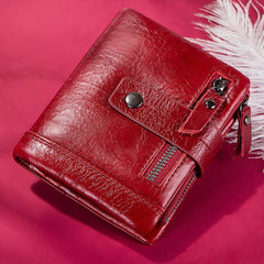 Men‘s Leather Wallet Genuine Leather RFID Blocking Bifold Zipper Pocket Card Holder with ID Window and Card Case Purse - 828-Red