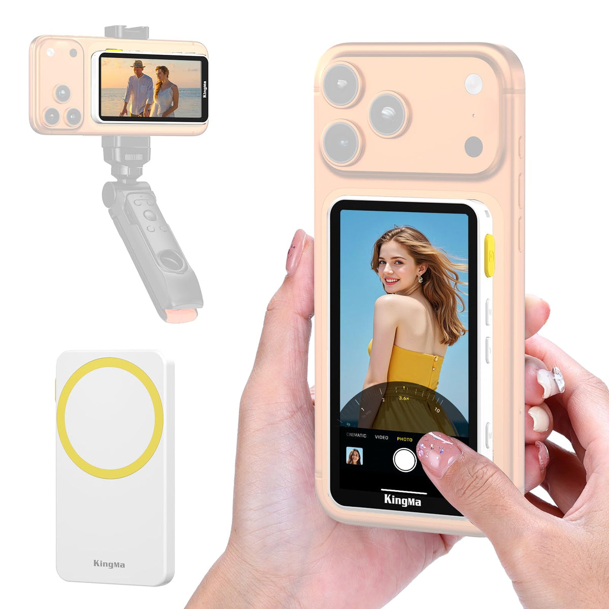 King Ma Touchscreen Phone Vlog Selfie Monitor, Synchronises the iPhone Rear Camera, Magnetic Snap Screen with Recording and Zoom Buttons, iPhone 15/16 Series Supports 4K 30FPS Recordings - White