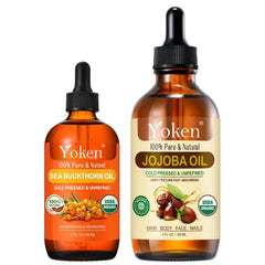 Yoken Pure Jojoba Oil, 4oz & Sea Buckthorn Oil, 2oz, 100% Pure Cold Pressed for Face, Hair, Nails and Skin, Deep Hydration & Skin Nourishment