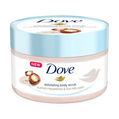 Dove Exfoliating Body Polish Scrub,Macadamia & Rice Milk,with ¼ moisturising cream, 225ml