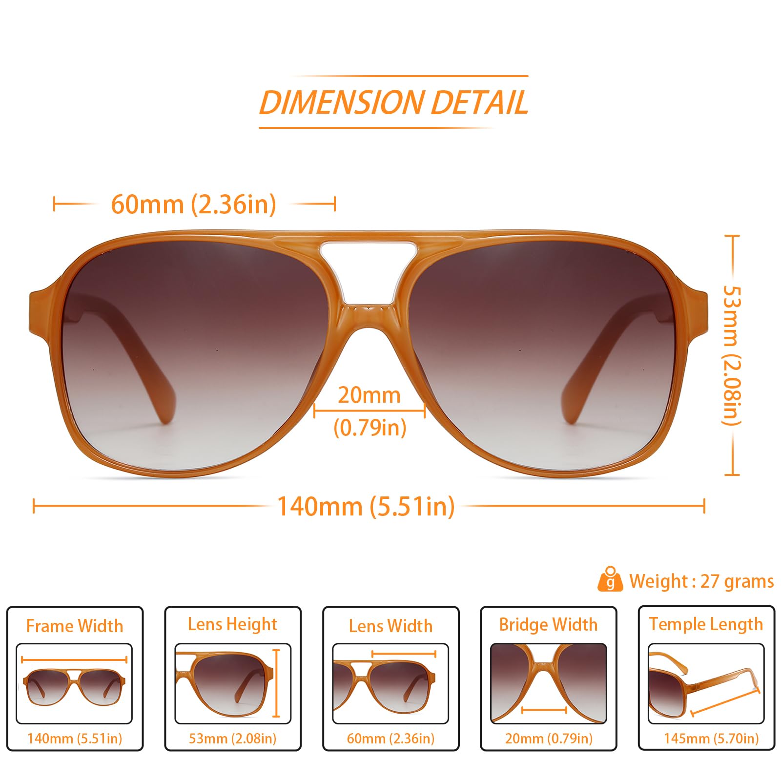 Freckles Mark Vintage Retro 70s Sunglasses for Women Men Classic Large Squared Aviator Frame UV400 Trendy Orange Glasses
