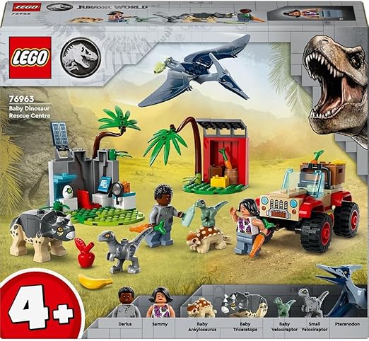 LEGO Jurassic World Baby Dinosaur Rescue Centre Toy for Kids, Mini Triceratops, Ankylosaurus and Velociraptor Dino Figure Toys, Gifts for Boys and Girls Aged 4 Plus 76963