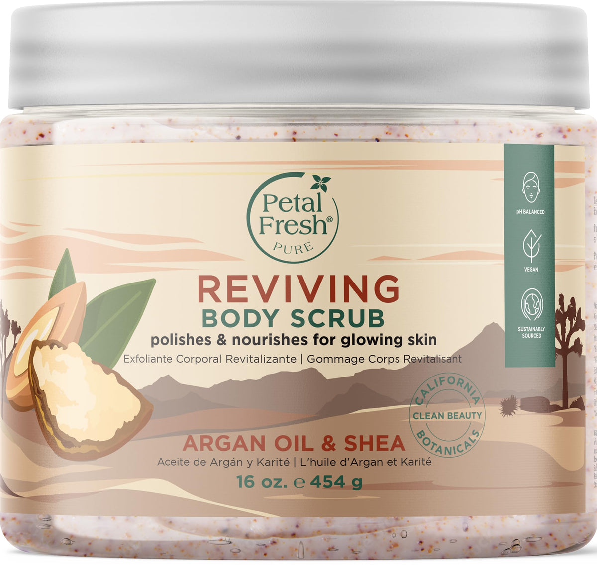 Petal Fresh Reviving Argan Oil & Shea Body Scrub | To Polish & Nourish For Glowing Skin | Natural & Gently Exfoliating Daily Skincare | Vegan & Cruelty Free | 16 oz, 473 Ml