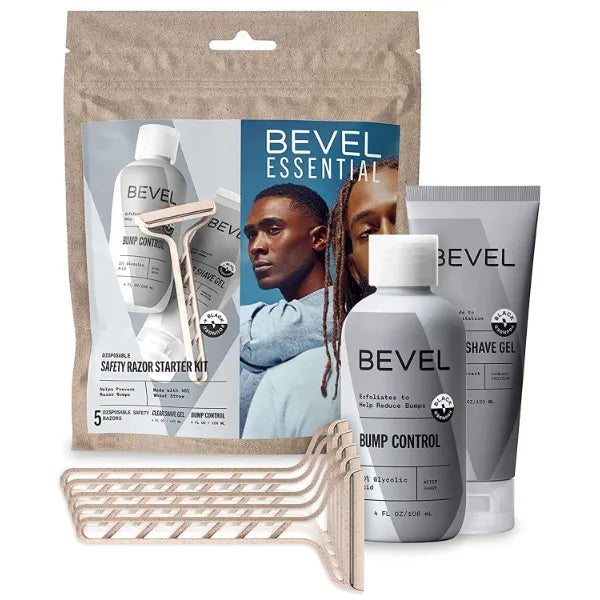 Bevel Essentials Disposable Safety Razor Shaving Starter Kit for Men, Includes 5 Stainless Steel Double Sided Safety Razors, Clear Shave Gel, and Post Shave Bump Control Cream