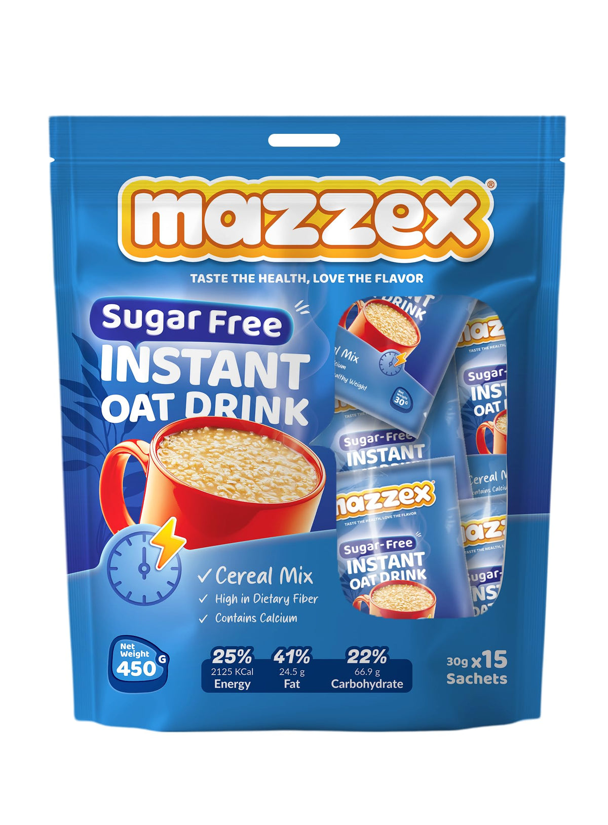 Mazzex Sugar-Free Instant Oat Drink 450g (30 Sachets x 15g) | No Added Sugar Beverage | Healthy High-Fiber Drink | Quick Breakfast & Energy | Plant-Based for Kids & Adults