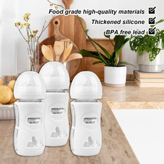 Azonee Natural Glass Baby Bottle Silicone Case, Breakage-Resistant Baby Bottle Holder, BPA Free, Suitable for Babies, Feeding Bottles(Pack Of 3, 8 Oz.)