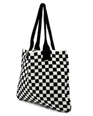 TERRIFI Crocheted Tote Bag for Women, Large Capacity Shopping Bag, Aesthetic Design, Handmade Knitted Hobo Shoulder Bag, Stylish Shopping & Satchel Handbag Black White Grid