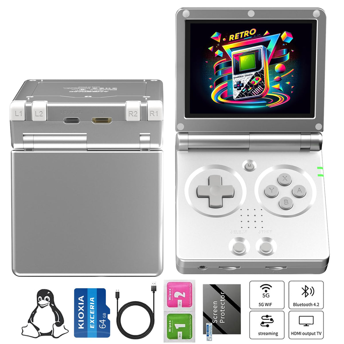 RG35XX flip Handheld Game Console Clamshell Retro Game Console Upgrade 64-bit System Portable Gaming Console with 3.5 inch IPS Screen 3300mAh Battery Supports 5G WiFi Bluetooth HD,TV Output Silver
