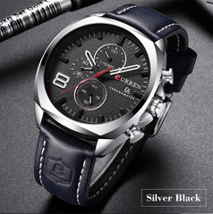 Herren-Armbanduhr mit Lederarmband, klassisch, lssig, Edelstahl, wasserdicht, Chronograph, Datum, analog, Quarzuhr - Silver/Black