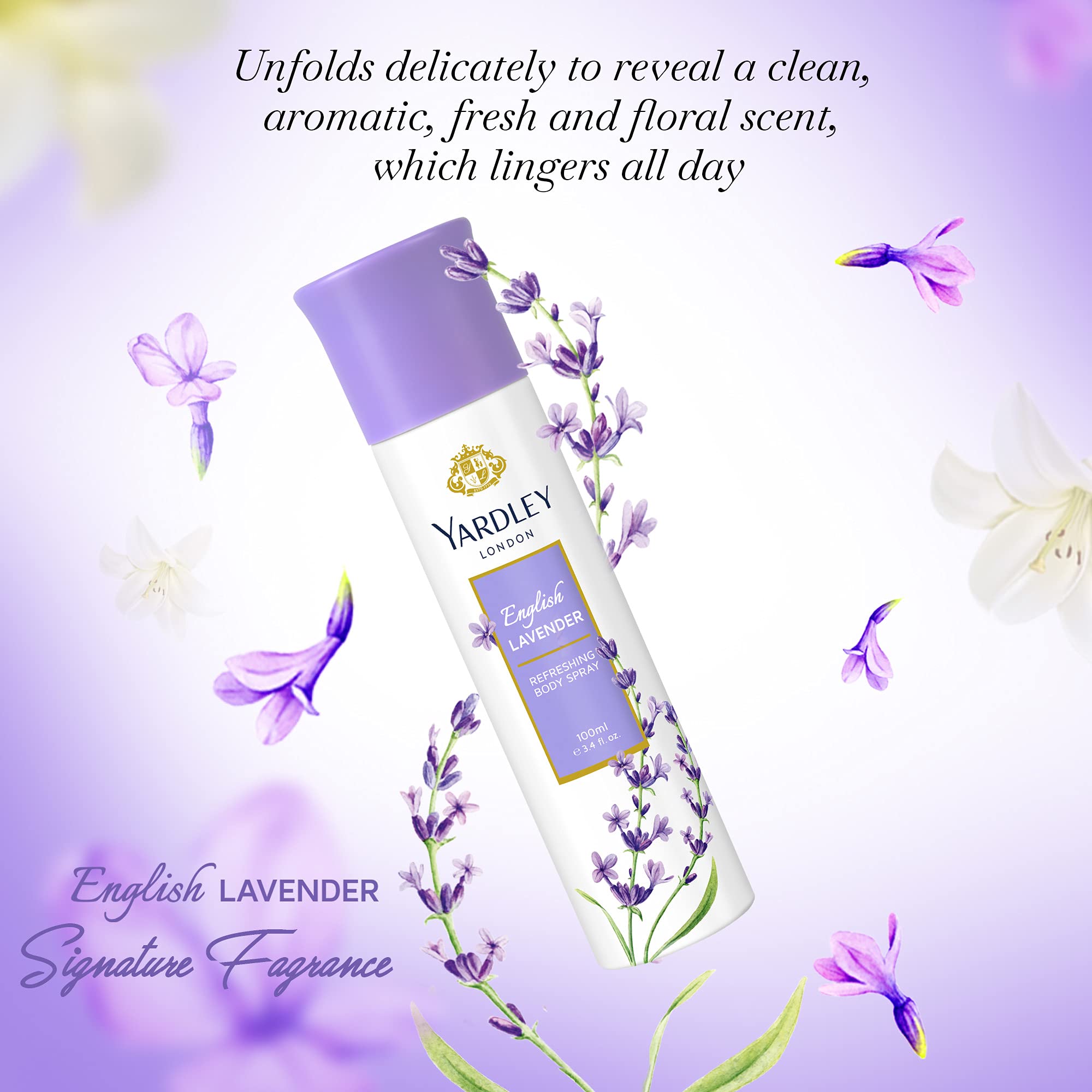 YARDLEY LONDON Yardley English Lavender Body Spray For Women, Floral Aromatic Freshness, Relaxing And Calming Scent, 100 ml