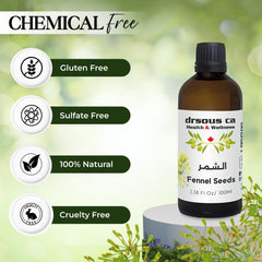 Drsous Ca Organic Fennel Essential Oil 100ml | 100% Pure Cold Pressed Fennel Therapeutic Grade Oil for Skin care, Hair care, Muscle and Joint Relief | Made in Palestine