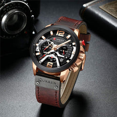CURREN Men's 3 Dials Chronograph Quartz Watches with Leather Bracelet - Brown