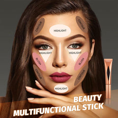 3 Pcs Liquid Contour Highlighter Blush Set - Long Lasting Waterproof Contour Beauty Wand with Cushion Applicator - Bronzer Contour & Shimmer Pearl Highlight Cream Pink Blusher (A Set)