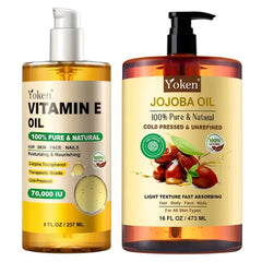 Yoken Vitamin E Oil 8 fl oz and Jojoba Oil 16 fl oz Set: Cold Pressed, Virgin, Organic Oil for Face, Hair, Body, After Bath - 100% Natural Moisturizing Skin Oil Smooth Scars Dry Skin