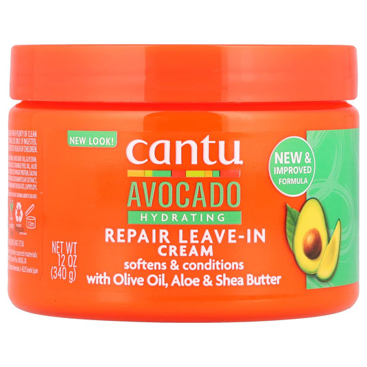 Cantu Avocado Hydrating Repair Leave-In Cream 340g – Moisturizes & Strengthens Dry, Curly, Coily, or Wavy Hair – Infused with Avocado Oil & Shea Butter – Sulfate-Free, Silicone-Free Formula
