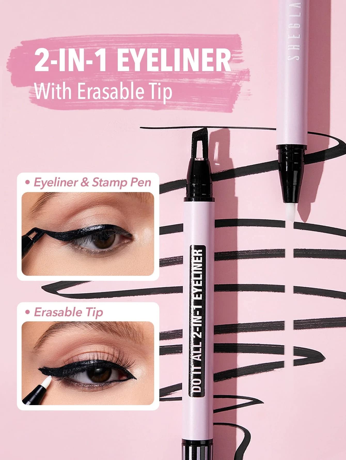 SHEGLAM MAKEUP - Do it All 2-IN-1 Eyeliner with Eraser - All Day Wear Waterproof and SmudgeProof Liquid Eye Liner pen and Corrector tip - BLACK, 1.0 count