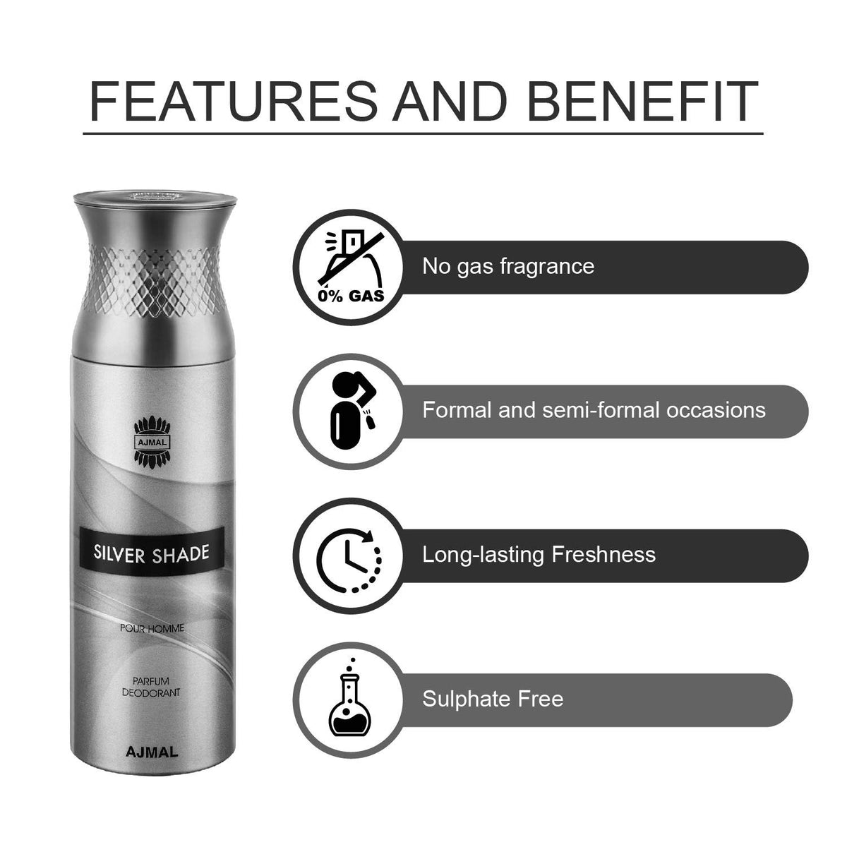 Ajmal 1 Blu Homme for Men, 1 Silver Shade Homme for Men, 1 Distraction and 1 Magnetize for Men & Women Deodorants each 200ML Combo pack of 4 (Total 800ML) + 4 Parfum Testers