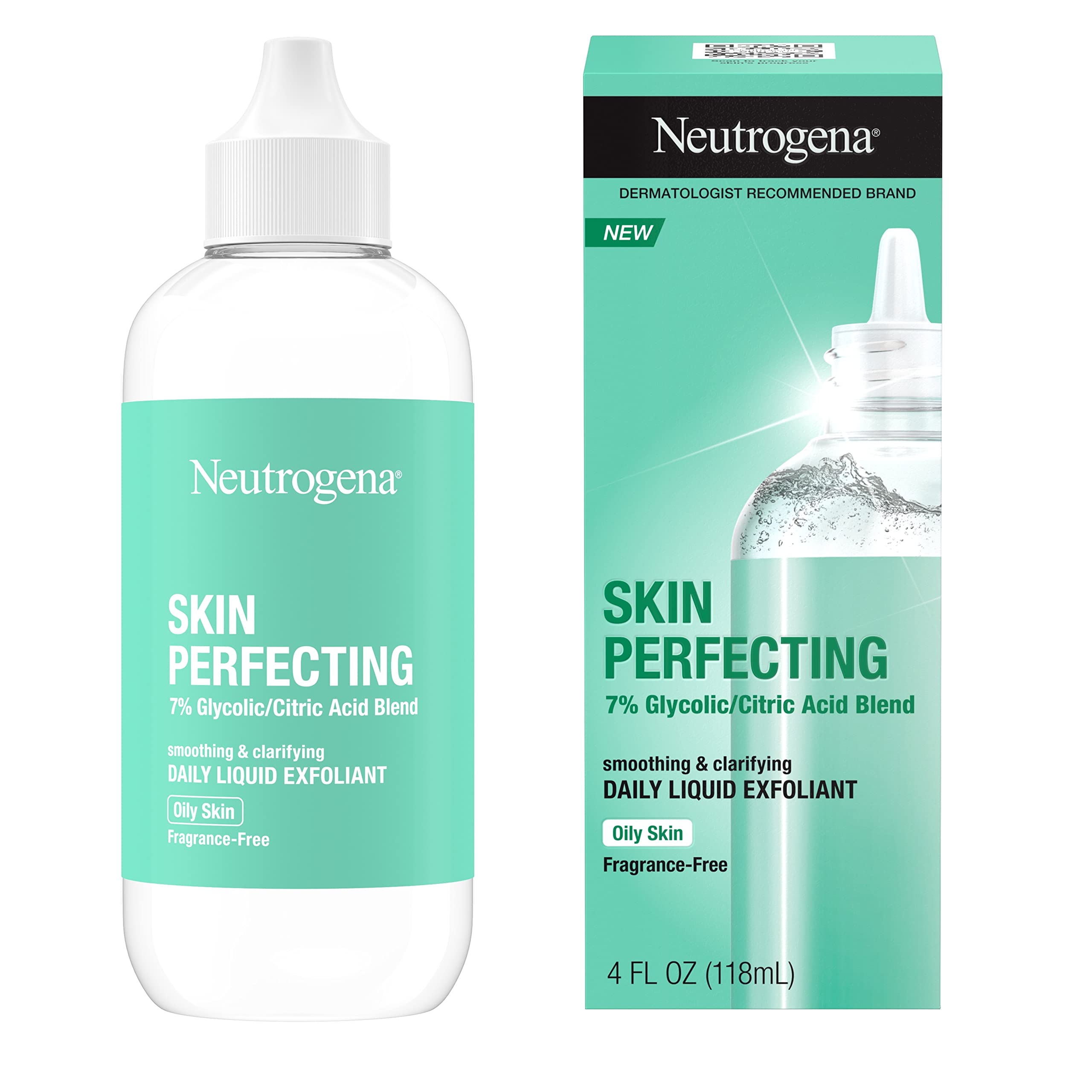 Neutrogena Skin Perfecting Daily Liquid Facial Exfoliant with 7% Glycolic/Citric Acid Blend for Oily Skin, Smoothing & Clarifying Leave-On Face Exfoliator, Oil- & Fragrance-Free, 4 fl. oz