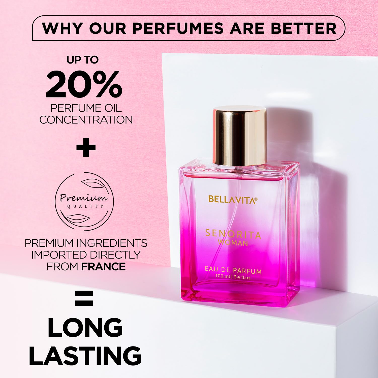 BellaVita SENORITA Woman EDP – Long-Lasting Floral & Fruity Women's Premium Perfume, Ideal for Indian Weather | Yuzu, Lotus, Magnolia, Musk | Perfect for Day Events, 100ML