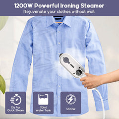 TERRIFI Mini Travel Steam Iron, Handheld Travel Steamer, 10S Fast Heat-up, 1200W Portable Iron, Wet & Dry Use Travel Iron, Suitable for Travel Office and Home - White