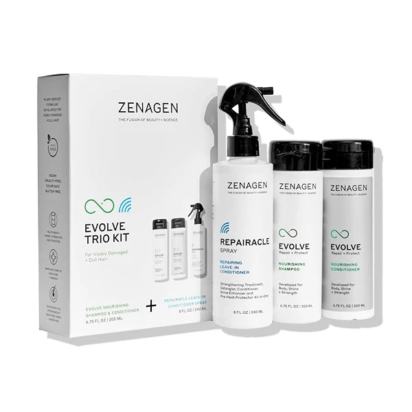 ZENAGEN Evolve Trio Kit for Visibly Damaged, Dull Hair | Nourishing Shampoo + Conditioner + Leave-In Conditioner, Restores Shine, Strength & Vitality, Plant-Based, Vegan, All Hair Types 1 ea