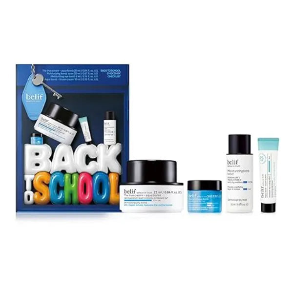 belif Aqua Bomb Back to School Skincare Set Korean Skincare Set with Aqua Bomb Moisturizer, Peptide Eye Bomb cream, Frozen Cream, 4 Step Skincare for All Skin Types