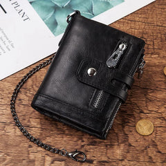 SLGOL Mens Chain Wallets with Anti-Theft Chain, Genuine Leather Purse RFID Blocking Bifold Wallet with Coin Pocket Purse (Black)