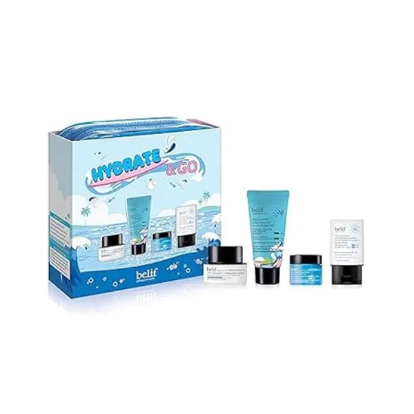 belif Hydrate & Go Kit 4 Step Korean Skincare Set with Toner, Moisturizing Bomb Cream, Jelly Cleanser, Eye Bomb, SPF 45 Sunscreen, TSA Friendly, Deep Hydration & Barrier Care for Glowy, Bouncy Skin