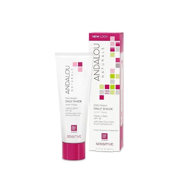 Andalou Naturals 1000 Roses Daily Shade Facial Lotion SPF 18  2-in-1 Skin Moisturizer & Face Sunscreen Ultra Sheer & Hypoallergenic Skincare for Sensitive Skin  With Aloe Vera  2.7 fl oz