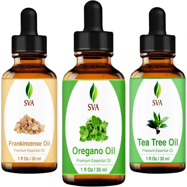 SVA ORGANICS Oregano Oil, Frankincense Oil, and Tea Tree Essential Oil 1oz Bundle Super Saver Combo – Premium Grade Value Set for Aromatherapy, Hair Care, Scalp Massage, Skin Care, Candles and Soaps