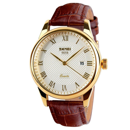 SKMEI Business Men’s Quartz Wristwatches Roman Numeral Leather Band Casual Water Resist Analog Watches - Brown+Gold