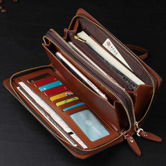 Valentoria Mens Large Long Leather Clutch Hand Bag Wallet Purse Travel Passport Business Cell Phone Holster Credit Card Holder Case for Dad Husband (Brown)