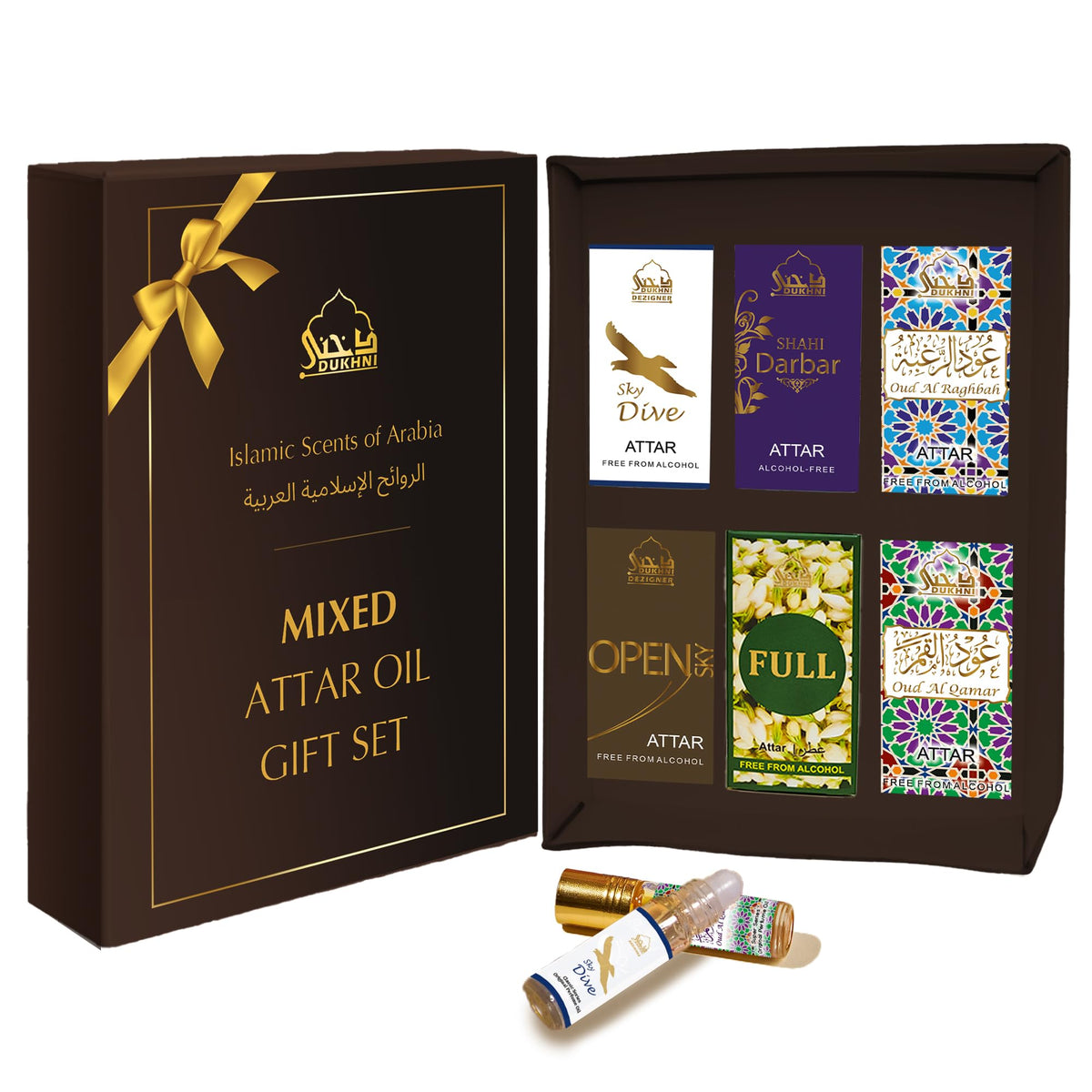 Dukhni Mixed Attar Oil Set | Authentic Arabic Fragrance Oils| Long- lasting Halal Scents for Ramadan & Eid Gifts | Open Sky, Attar Ful, SkyDive, Shahi Darbar, Oud Al Qamar, Oud Al Raghbah - 6ml each