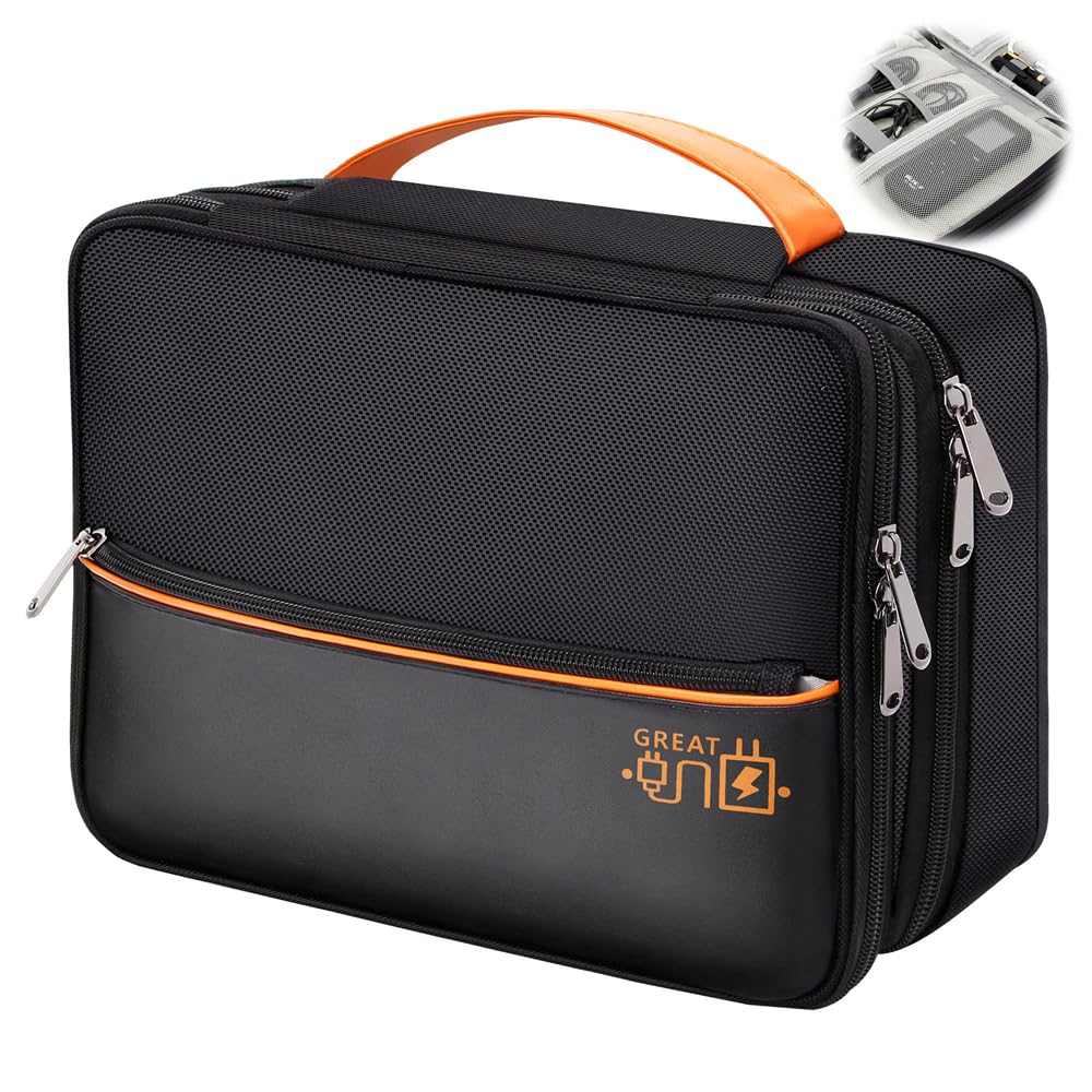 Azonee Electronics Travel Organizer, Double Layer Waterproof Cable Storage Bag for Cords, Chargers, Phones, Power Banks, and Hard Drives, Black