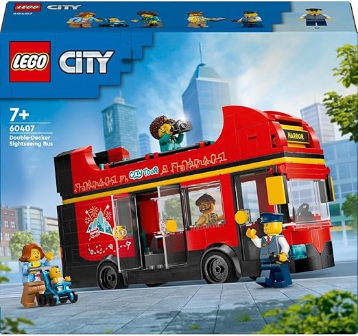 LEGO City Red Double-Decker Sightseeing Bus Toy, Red Vehicle for 7 Plus Year Old Boys & Girls, Creative Set with 5 Minifigures Including a Baby and Buggy, Birthday Gift Idea 60407