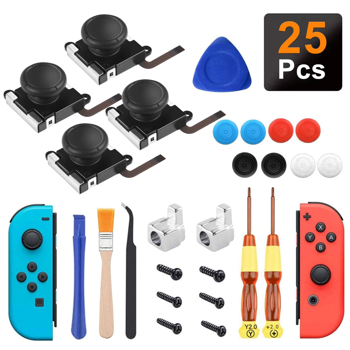 Joycon Teardown Repair Tool Kit - 4 Pack Joystick Analog Thumb Stick for Nintendo Consoles with Flex Cable, Screws, Springs & Grips - Console Lovers Must-have(25 PCS)