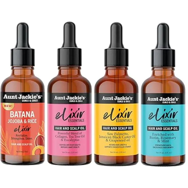 Aunt Jackie's Curls & Coils Elixirs Hair & Scalp Oils Collection Batana Biotin, Rosemary & Mint Collagen, Tea Tree & Eucalyptus Saw Palmetto, Jamaican Black Castor & Grapeseed Oils (4 Products)