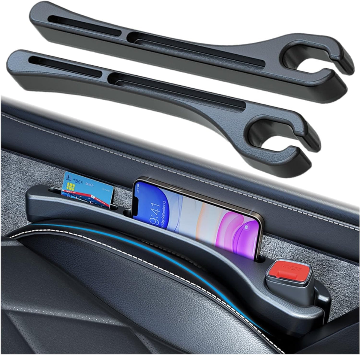 Azonee Car Seat Gap Filler 2 Pack with Seat Belt Holes, Auto Crevice Blockers 2PCS Fill Gap in Between Seat and Console, Universal for Most Cars Trucks SUVs to Stop Things from Dropping, Black